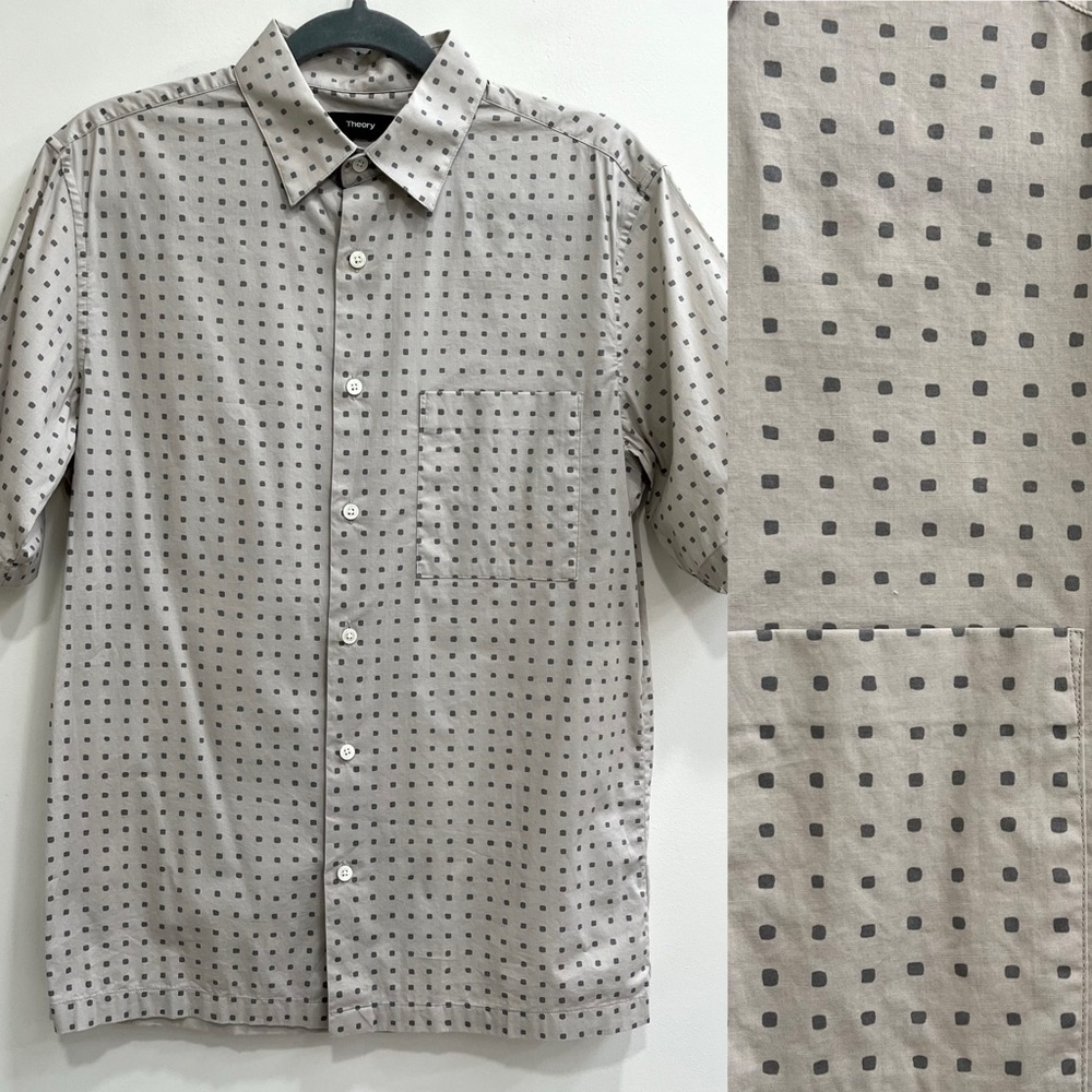 Theory Shirt Mens Bruner Dot Print Beige Gray Stretch Cotton Button Up Small EUC